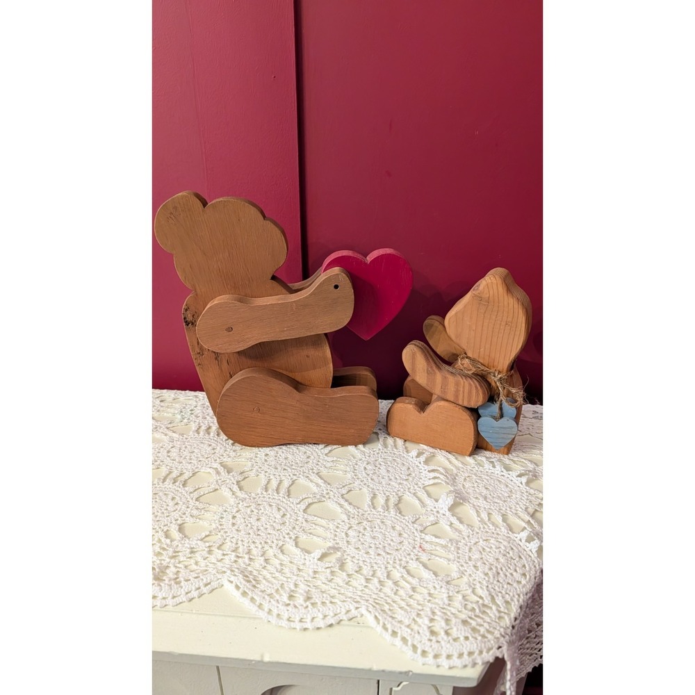 Lot of 2 Vintage Wooden Heart Bears Jointed Limbs Teddy Blue Bow 9.5" 7" Sitting